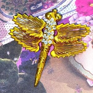 Vintage 70s Signed Monet Rhinestoned & Wire Wrapped Dragonfly Broach
